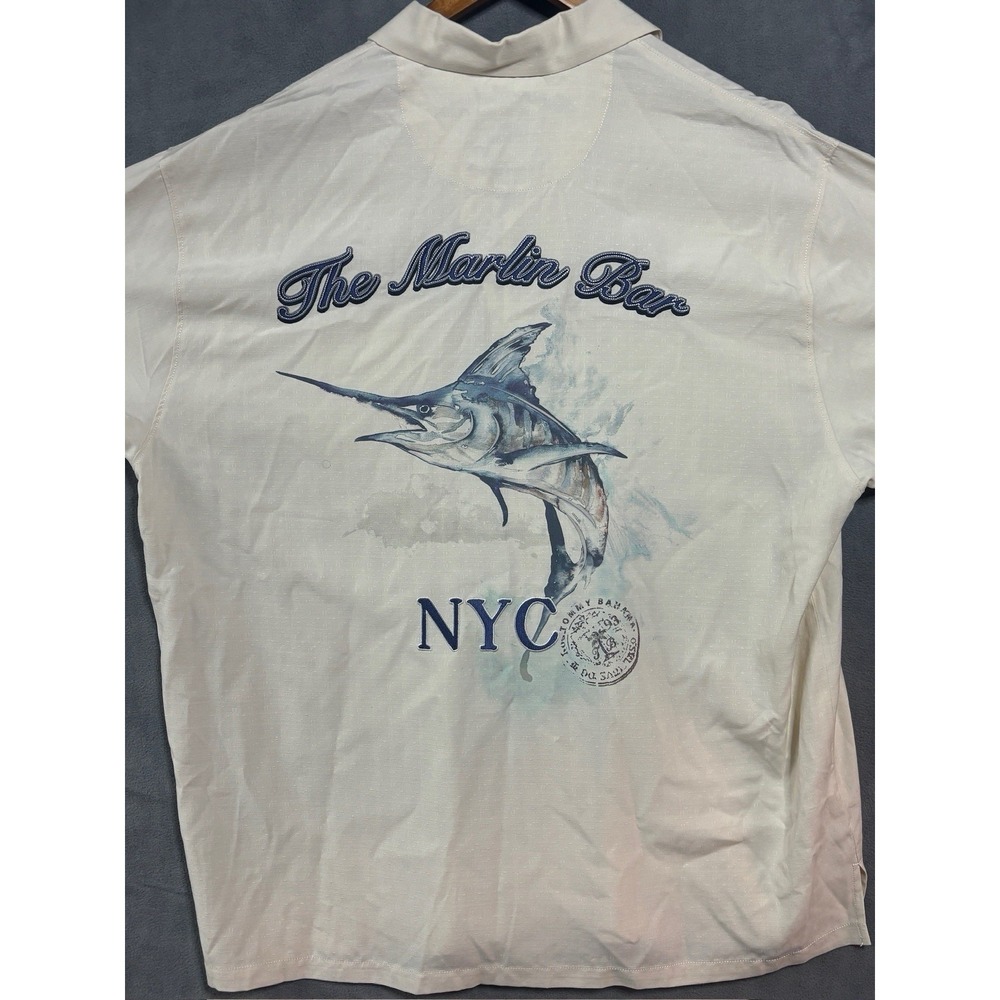 Tommy Bahama Button Up Shirt Mens XL White Short Sleeve Marlin Bar Hawaiian
